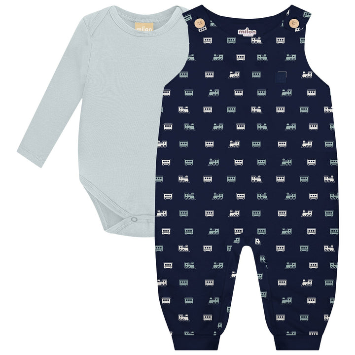 Milon Navy Romper &amp; Jumpsuit Set with Train Print