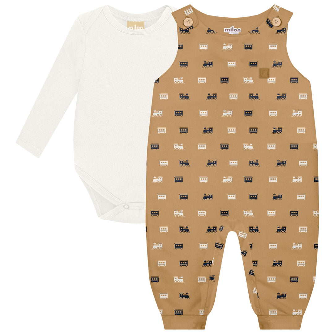 Milon Brown Romper & Jumpsuit Set with Train Print