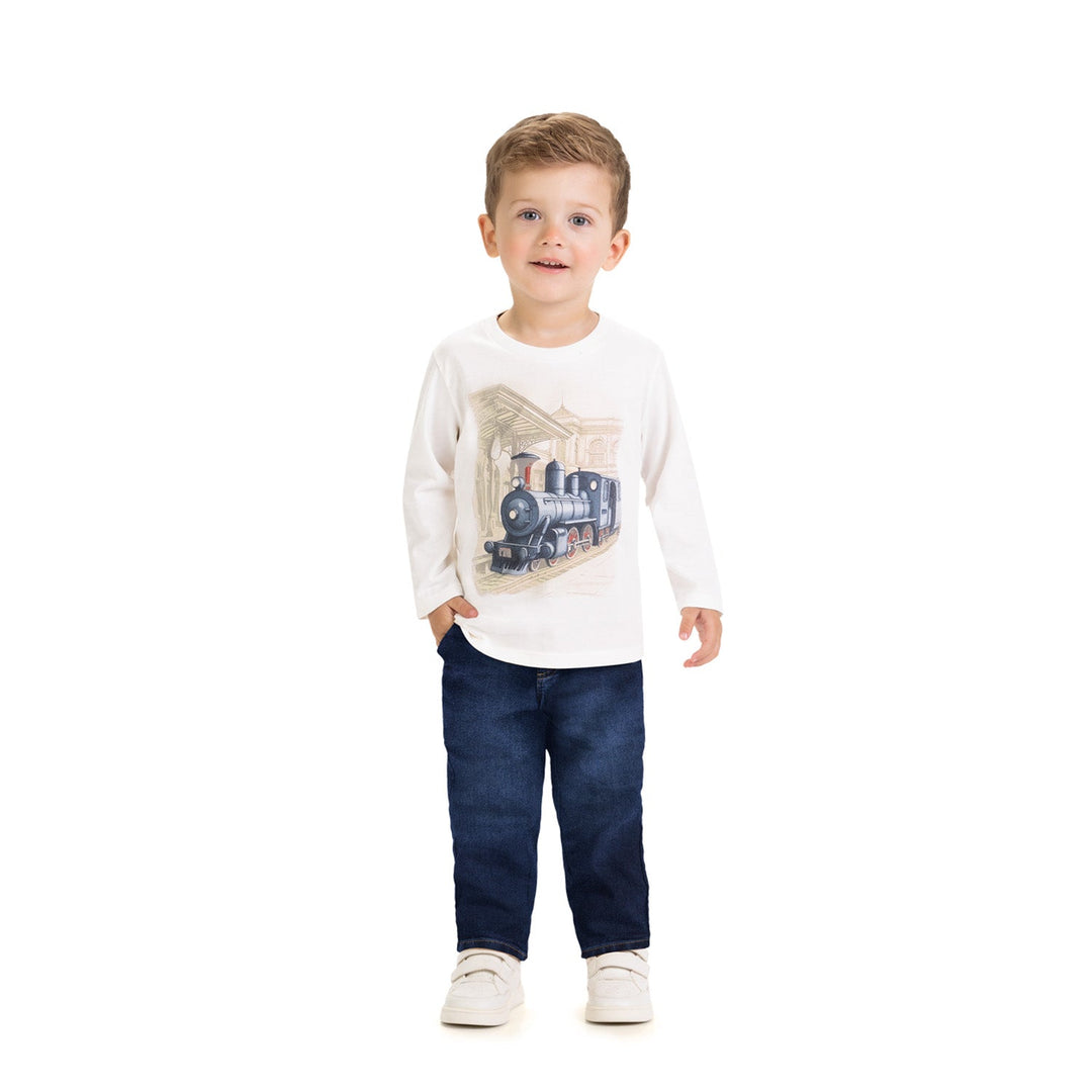 Milon Green Long-Sleeve T-Shirt with Train Print