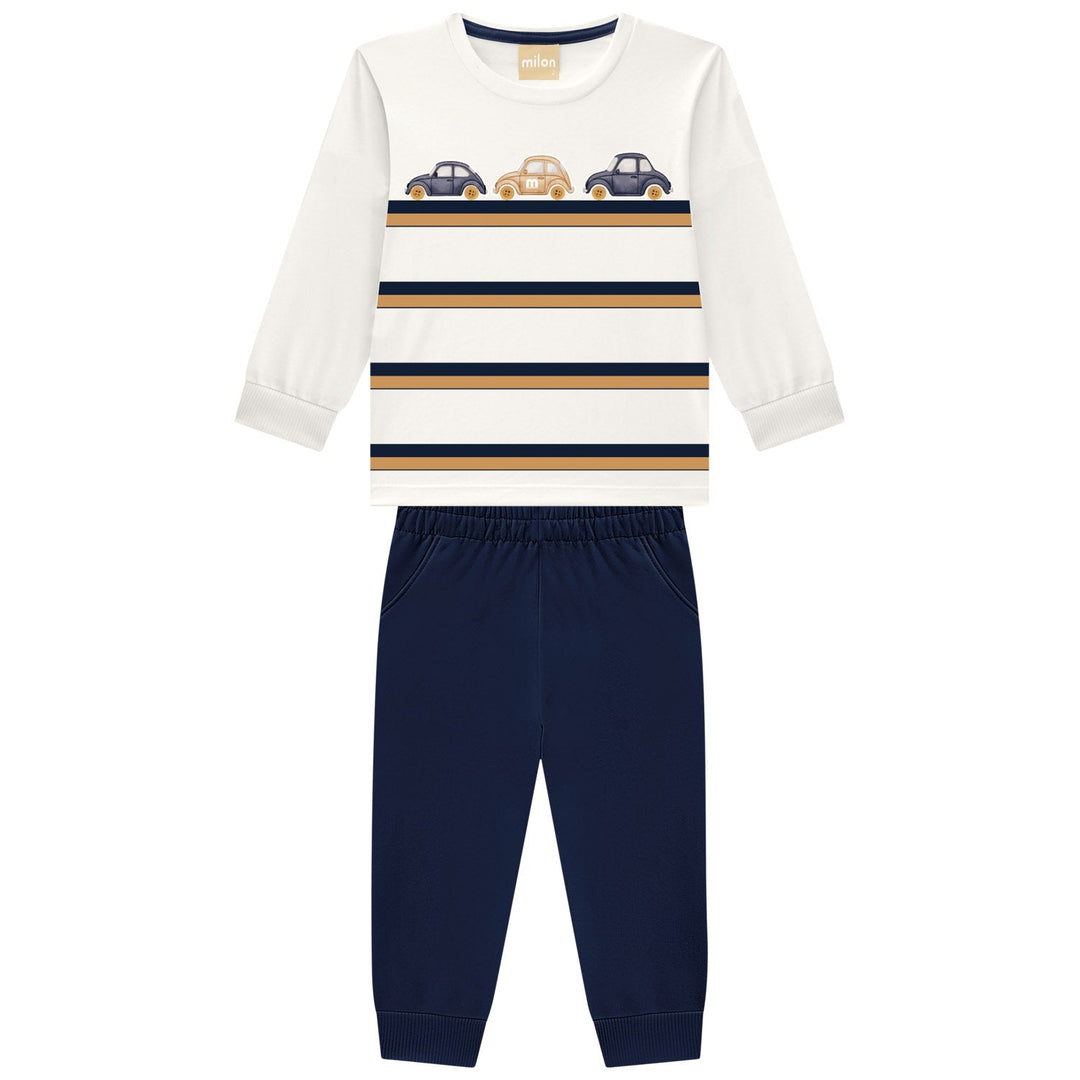 Milon Navy Long-Sleeve T-Shirt & Pants Set with Cars Print