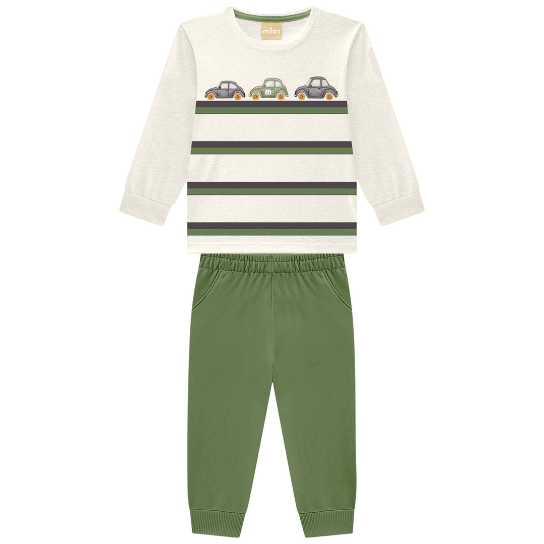 Milon Green Long-Sleeve T-Shirt & Pants Set with Cars Print
