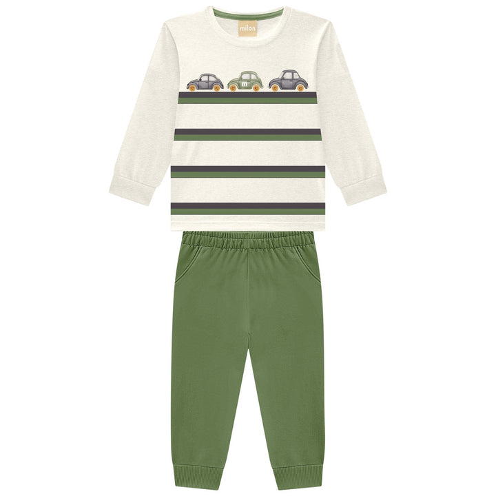 Milon Green Long-Sleeve T-Shirt &amp; Pants Set with Cars Print