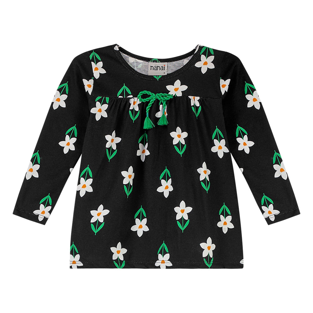 Nanai Black Long-Sleeve Top with Flower Print