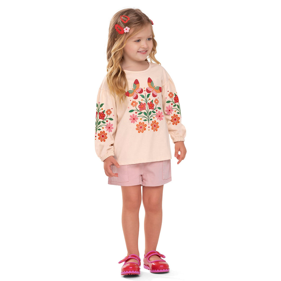 Nanai Beige Long-Sleeve Top with Butterfly & Floral Print