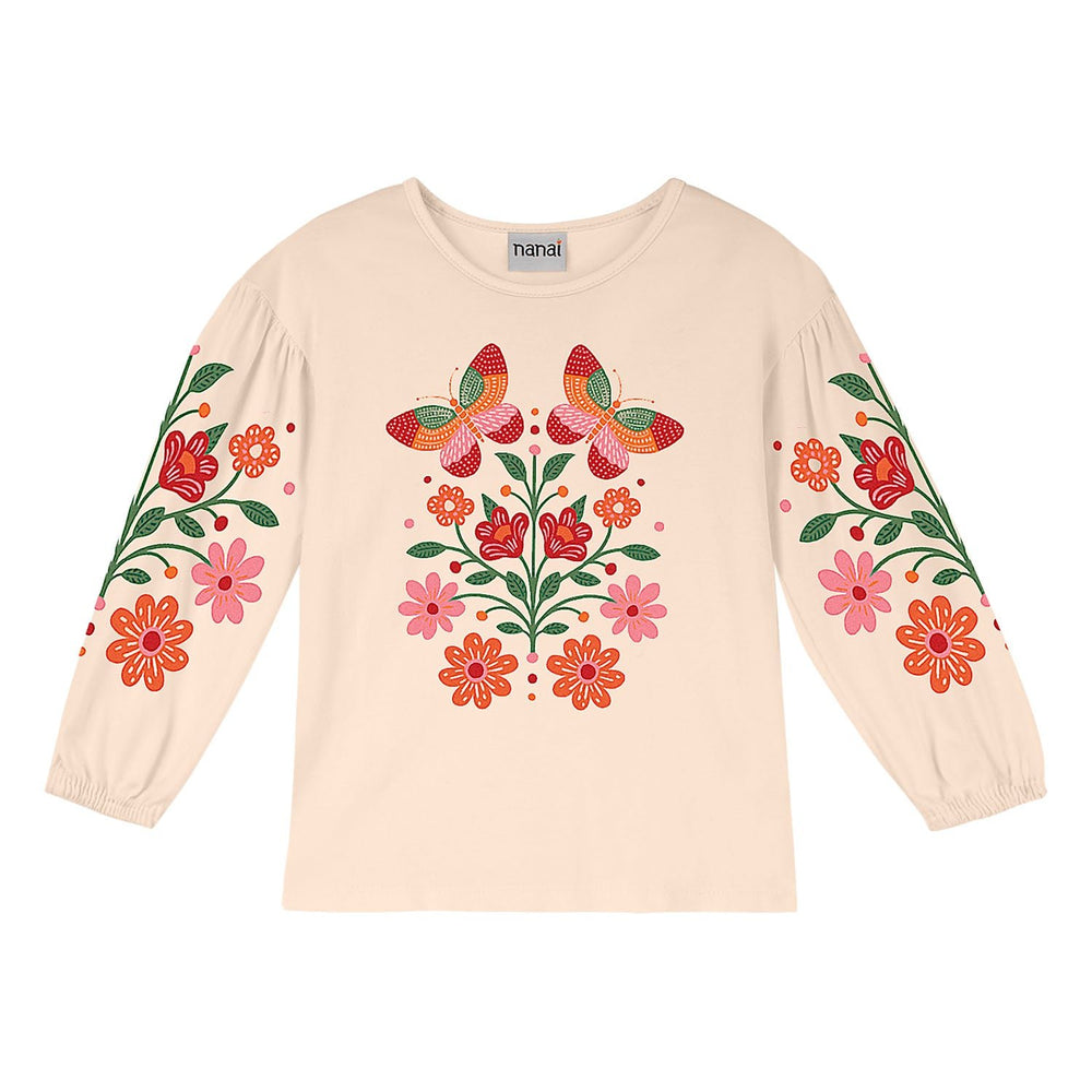 Nanai Beige Long-Sleeve Top with Butterfly & Floral Print