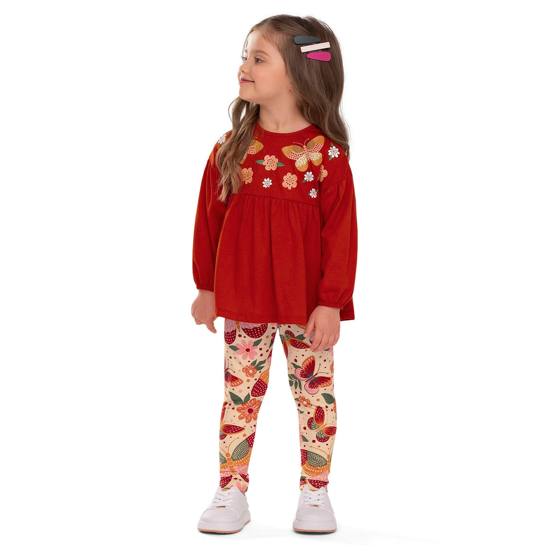 Nanai Fuchsia Long-Sleeve Top & Leggings Set with Butterfly & Floral Print