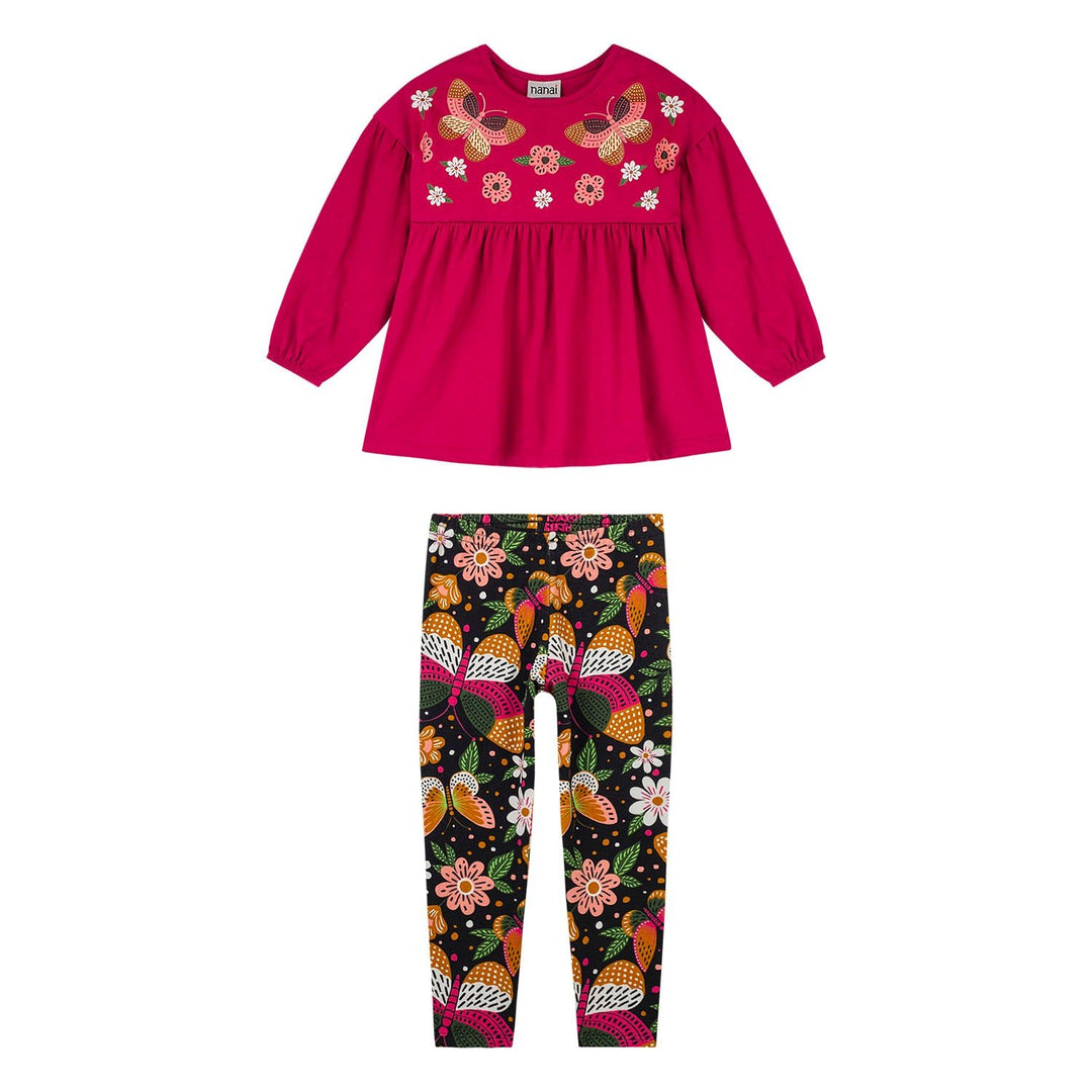 Nanai Fuchsia Long-Sleeve Top & Leggings Set with Butterfly & Floral Print