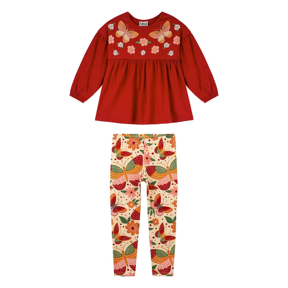 Nanai Red Long-Sleeve Top & Leggings Set with Butterfly & Floral Print