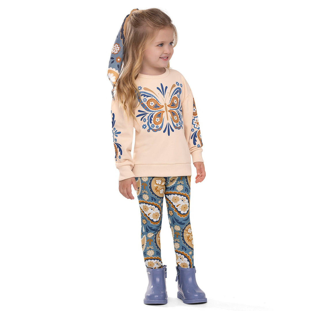 Nanai Beige Coat & Leggings Set with Butterfly & Floral Print