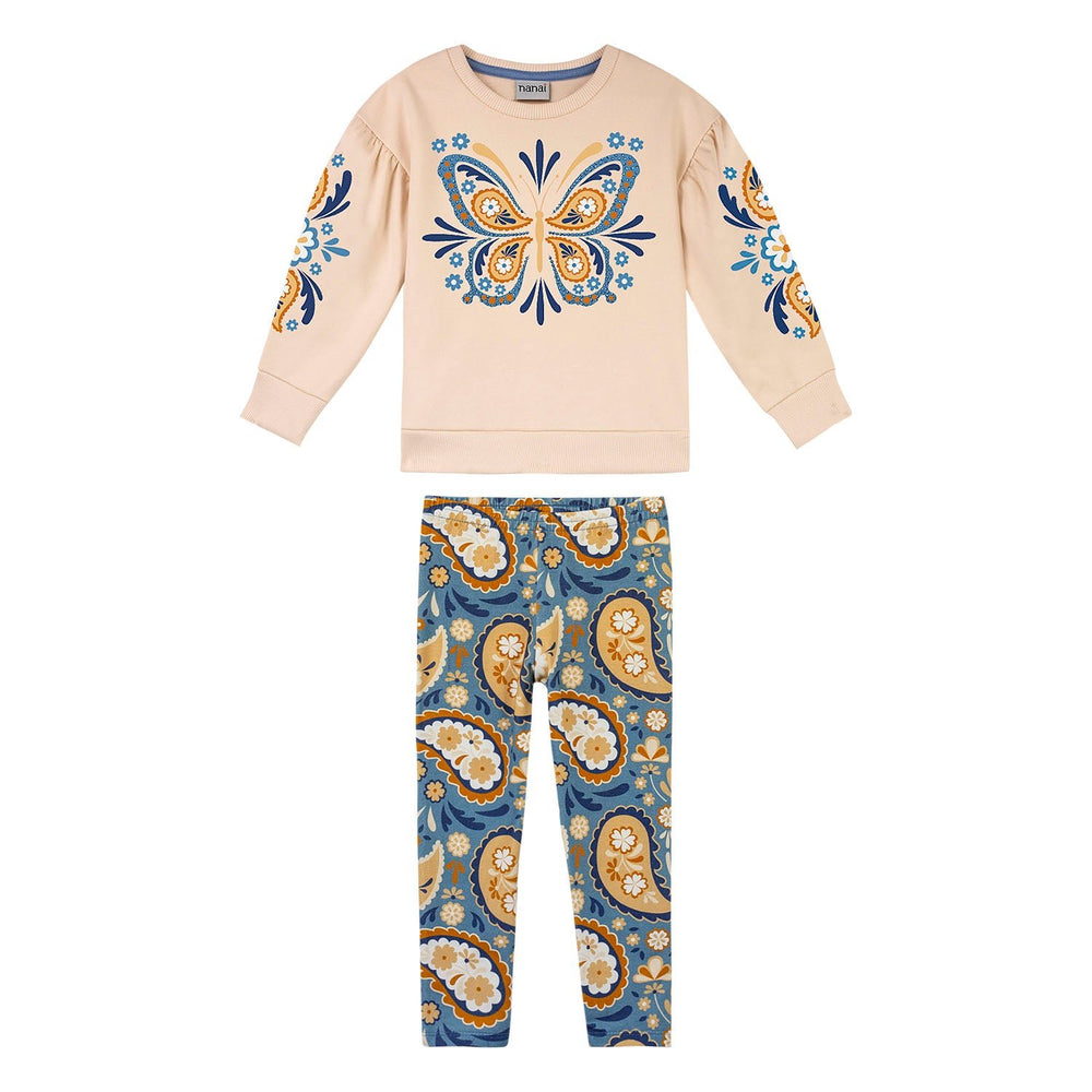 Nanai Beige Coat & Leggings Set with Butterfly & Floral Print