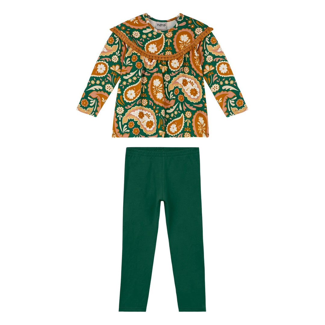 Nanai Forest Green Long-Sleeve Top & Leggings Set with Boho Print