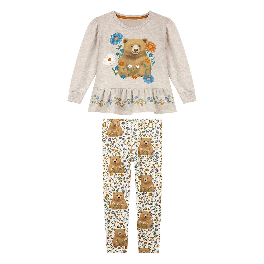Nanai Gray Sweater & Leggings Set with Bear & Floral Print