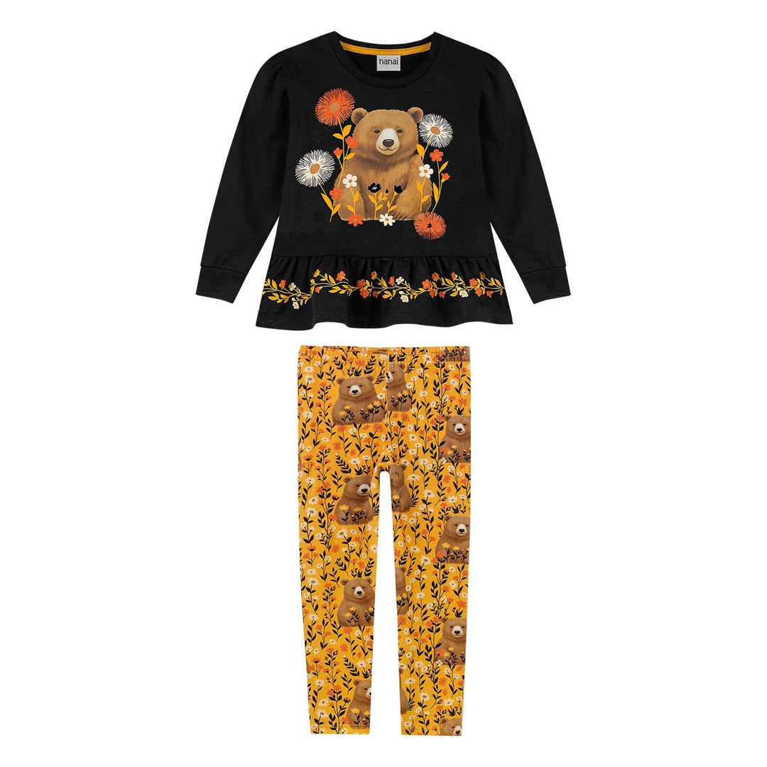 Nanai Black Sweater &amp; Leggings Set with Bear &amp; Floral Print