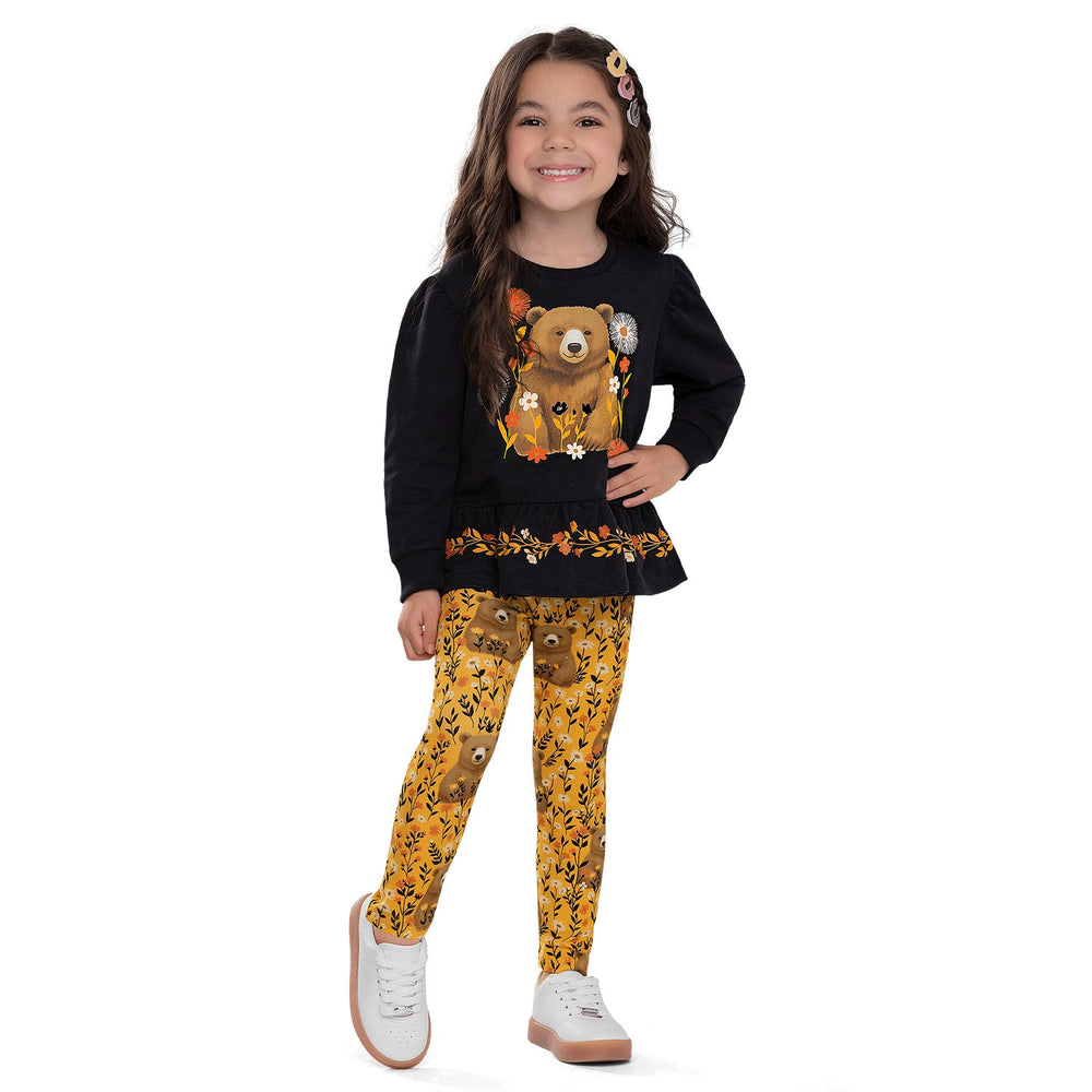 Nanai Black Sweater & Leggings Set with Bear & Floral Print