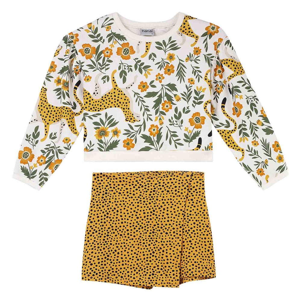 Nanai White Sweatshirt & Skort Set with Cheetah & Floral Print
