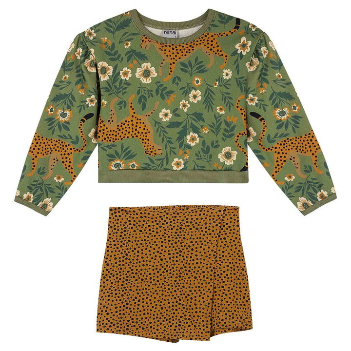 Nanai Green Sweatshirt &amp; Skort Set with Cheetah &amp; Floral Print