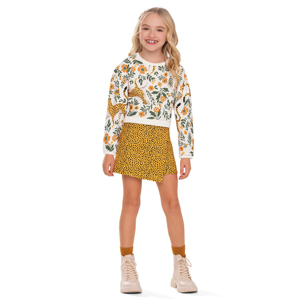 Nanai Green Sweatshirt & Skort Set with Cheetah & Floral Print