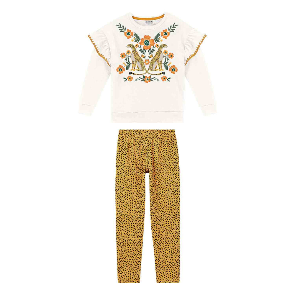 Nanai White Coat & Leggings Set with Animal Print