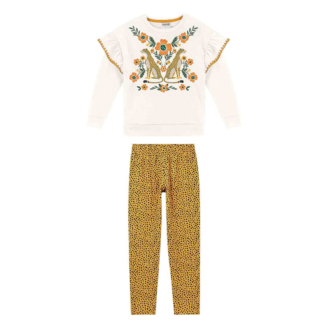 Nanai White Coat &amp; Leggings Set with Animal Print