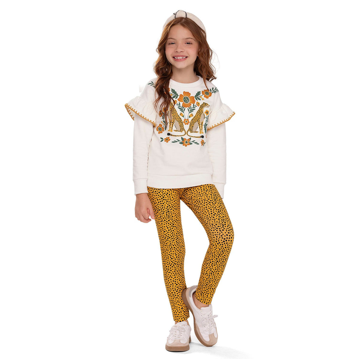 Nanai White Coat & Leggings Set with Animal Print
