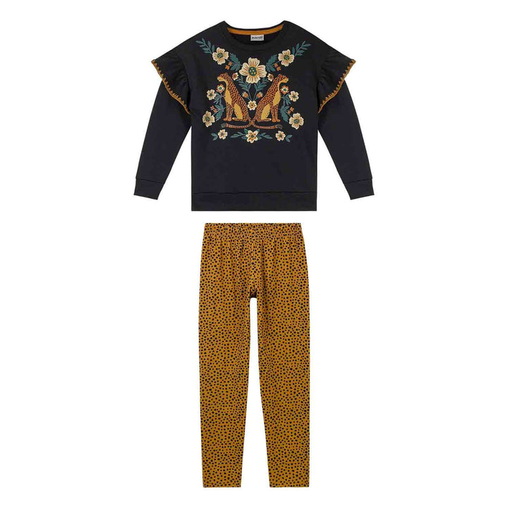 Nanai Black Coat &amp; Leggings Set with Animal Print