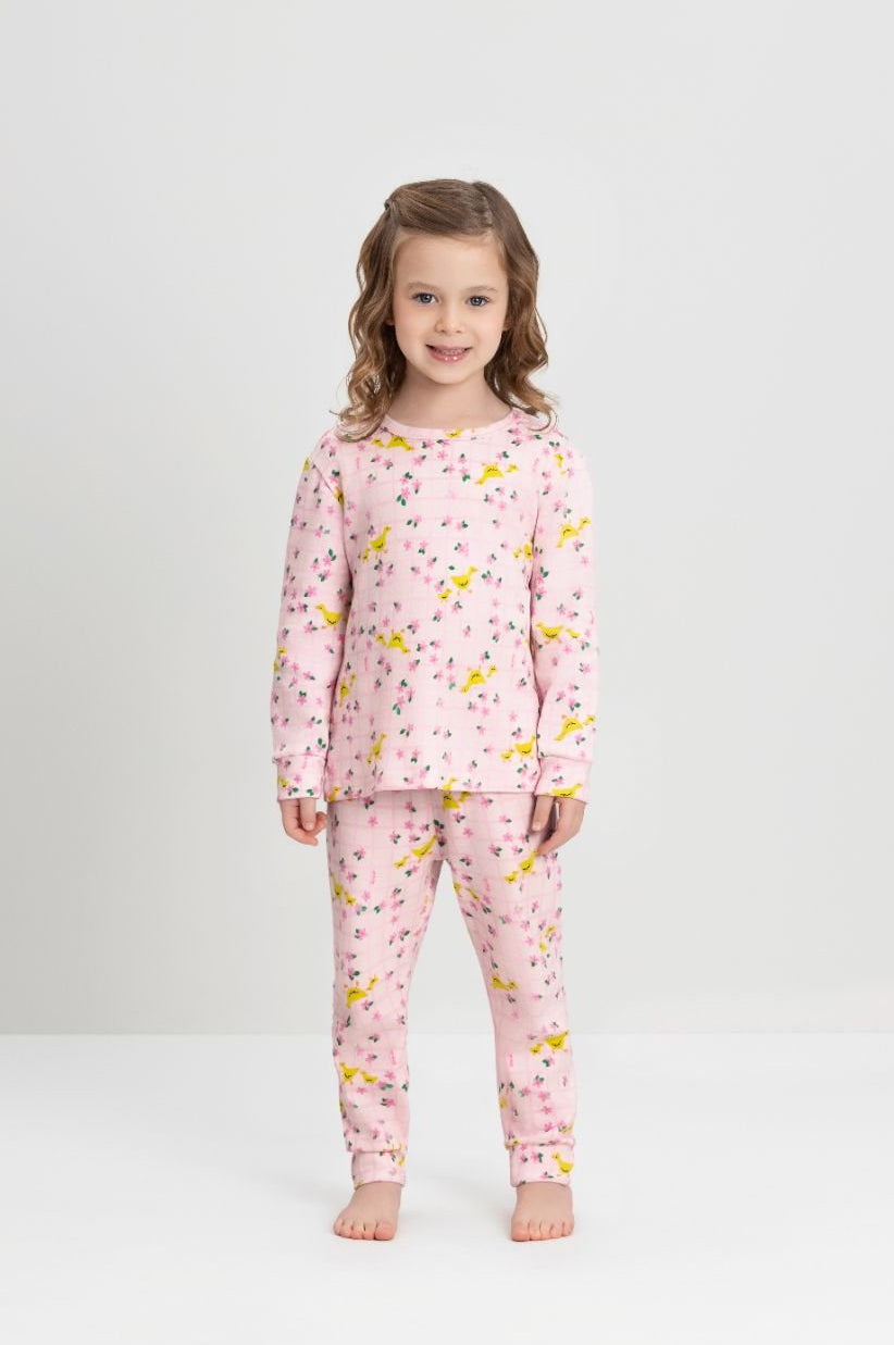 Up Baby-100%Cotton-Pyjamas-Girls-Long-Pink-yellow-ducklings-flowers