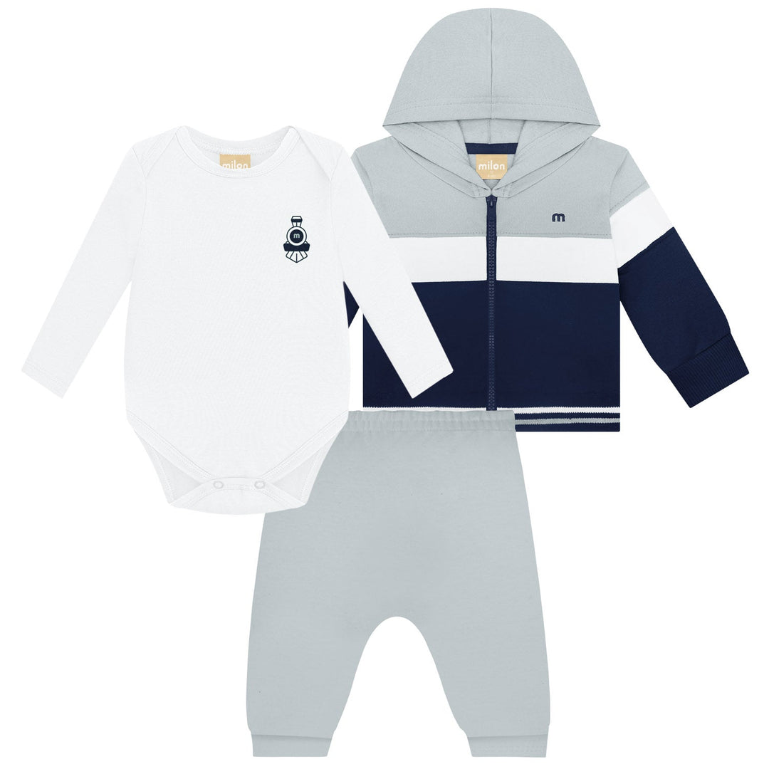 Milon White Romper, Jacket & Pants Set with Train Print