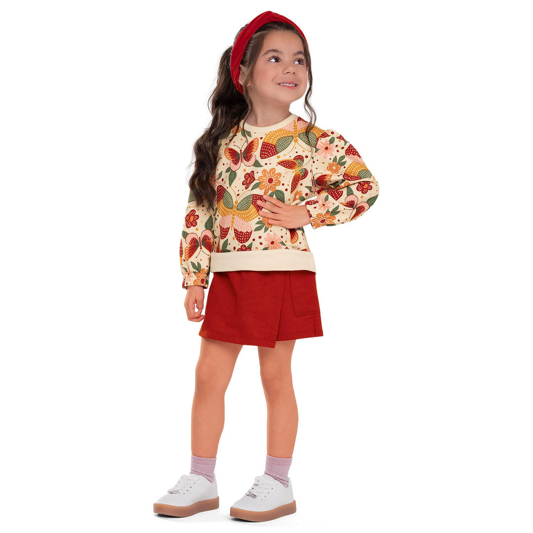 Nanai Beige Sweatshirt & Skort Set with Butterfly & Floral Print