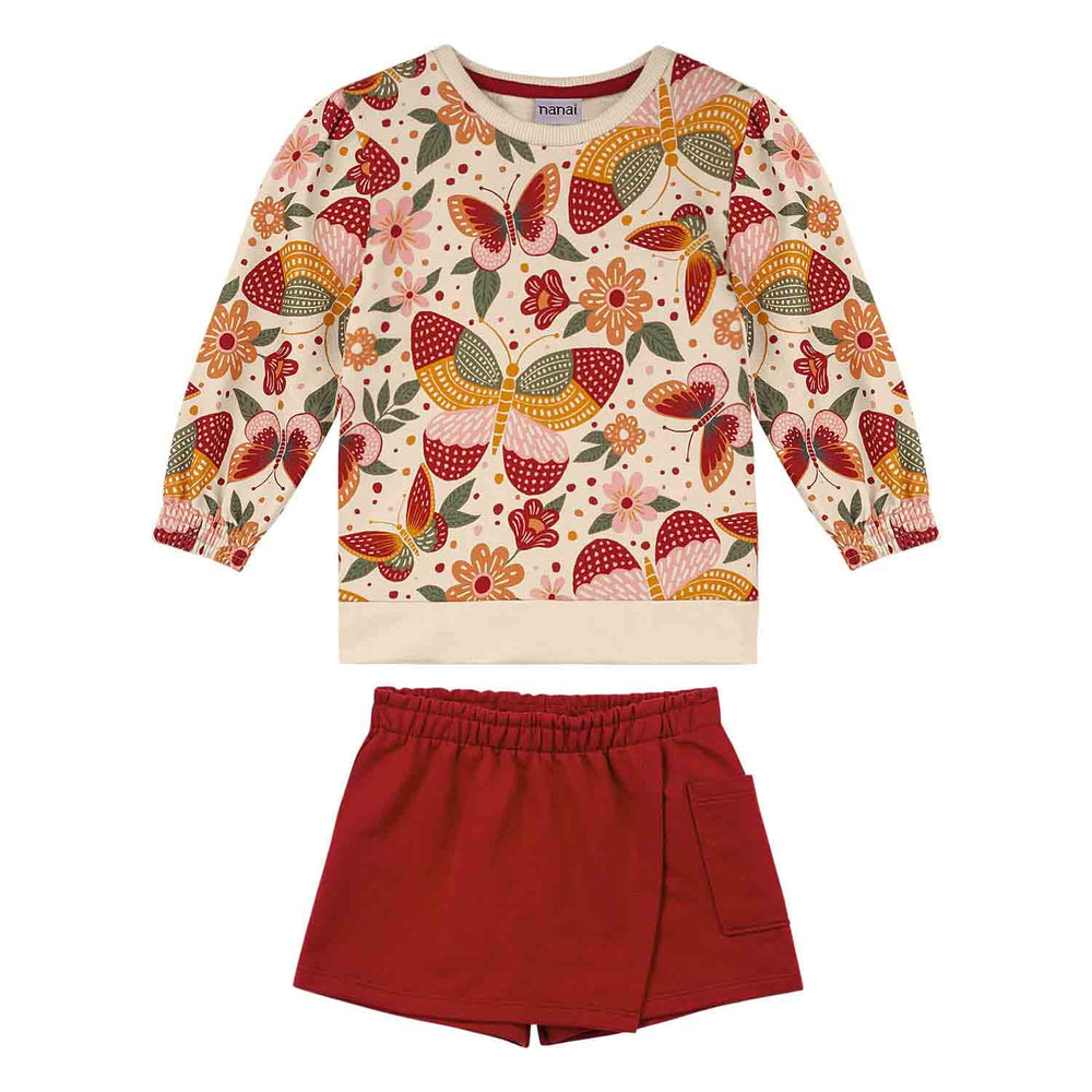 Nanai Beige Sweatshirt & Skort Set with Butterfly & Floral Print