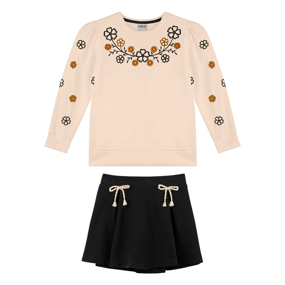 Nanai Beige Coat & Skirt Set with Floral Embroidery