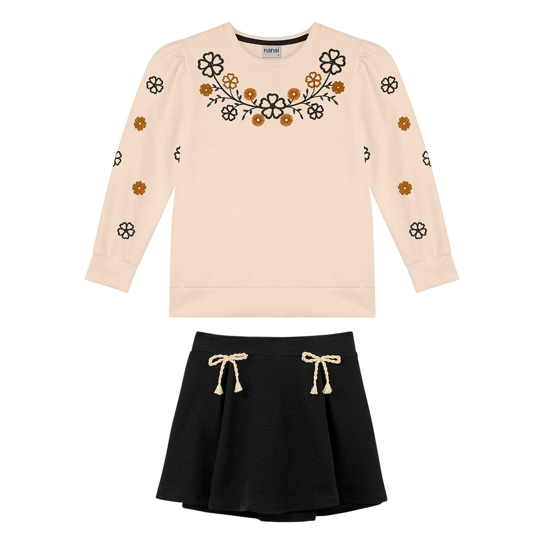 Nanai Beige Coat &amp; Skirt Set with Floral Embroidery
