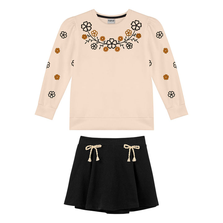 Nanai Beige Coat &amp; Skirt Set with Floral Embroidery