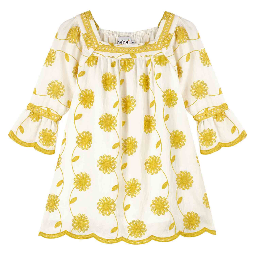 Nanai White Dress with Yellow Floral Embroidery