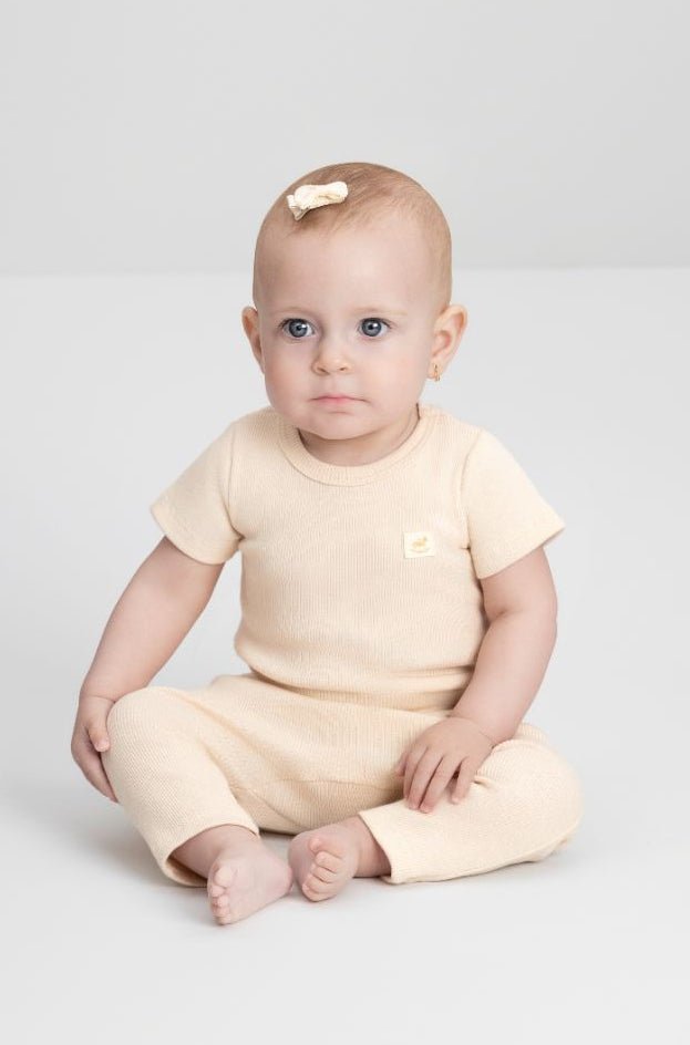 Ribbed cotton set: romper & pants - beige - Caramelo Baby & Kids